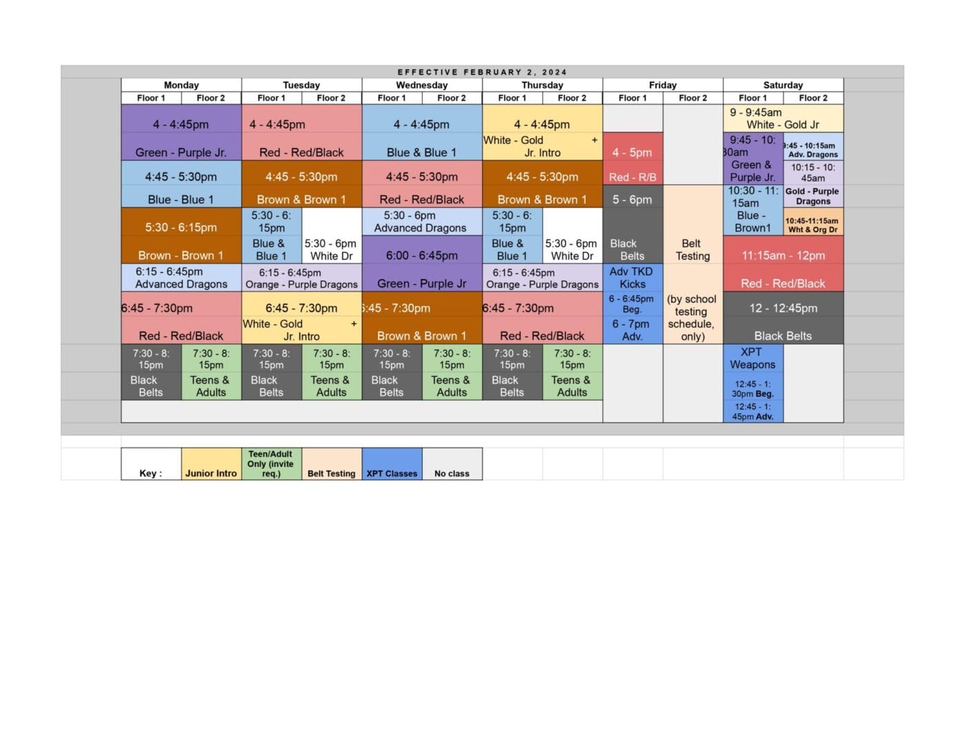 A schedule of different times and schedules for each day.