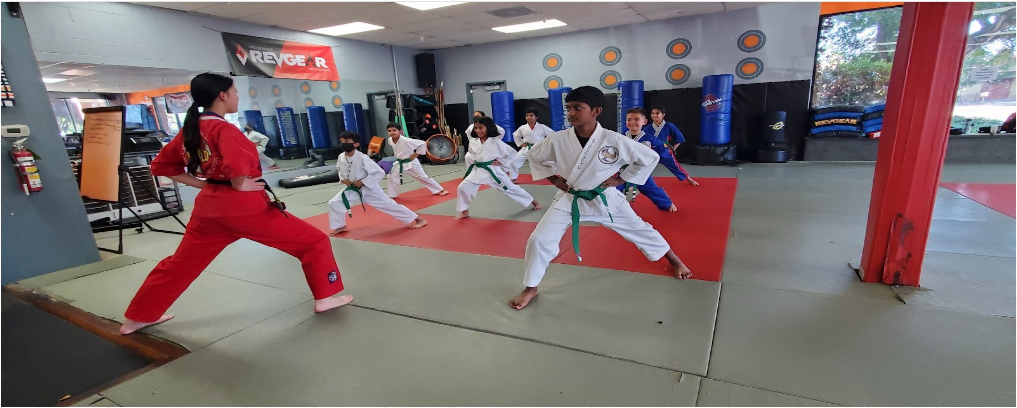 A group of young people practicing martial arts in a gym.