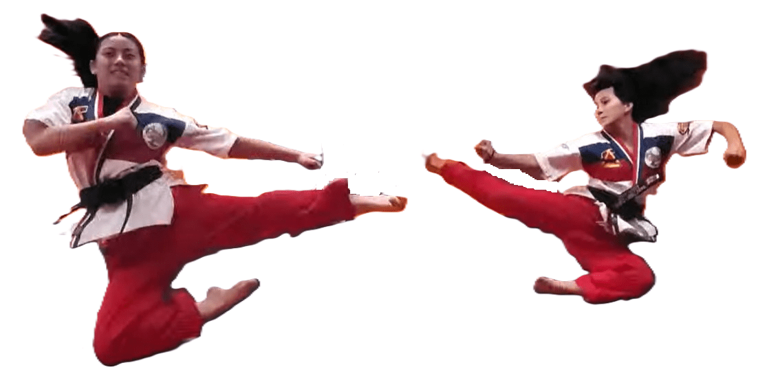 A group of people in red and white outfits jumping.