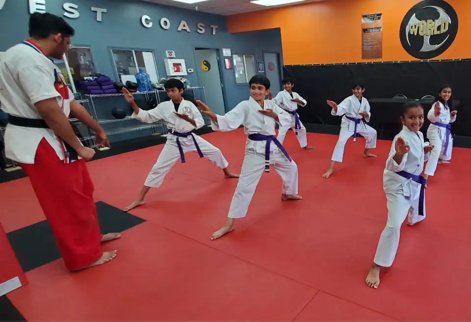 A group of young people practicing karate moves.